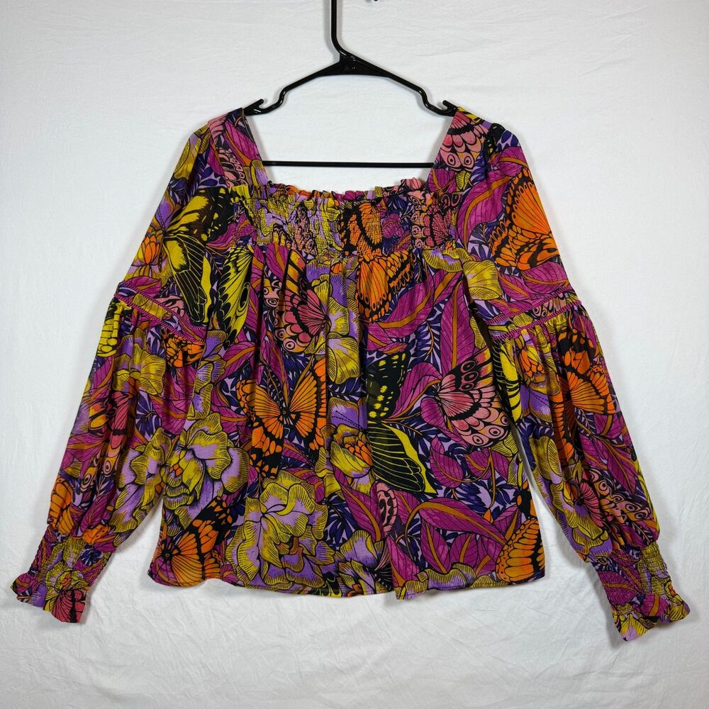 Alexandra Farmer for Anthropologie Butterfly Print Puff Sleeve Blouse Size S